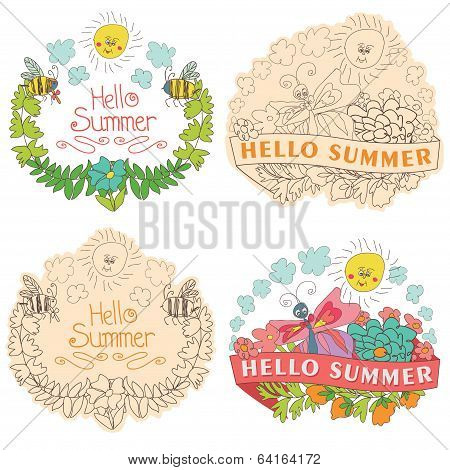 Stylish Vintage Floral Label With Butterflies,bees,sun.hellow Summer!