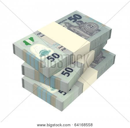 Nigerian nairas isolated on white background. Computer generated 3D photo rendering.