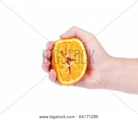Hand squeezing an orange.