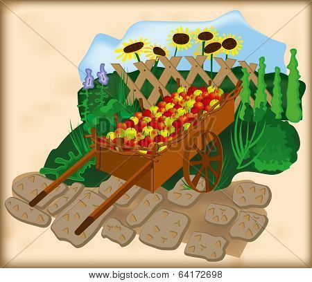 Landscape With Apple. A Cart Of Harvest.