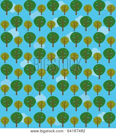 Vector tree on sky background seamless pattern