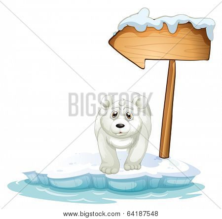 Illustration of a polar bear below the wooden arrowboard on a white background