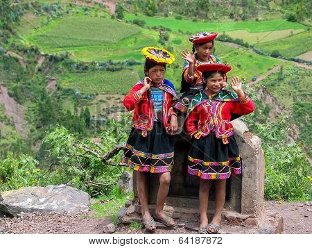 Children At Mirador Taray Near Pisac In Peru