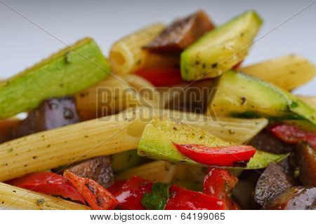 Pasta with shrimps, herbs and mashrooms isolated on white background in studio