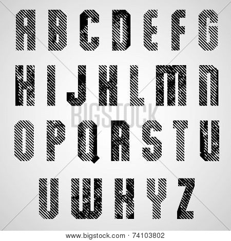 Grunge black rubbed capital letters, decorative striped font on white background.