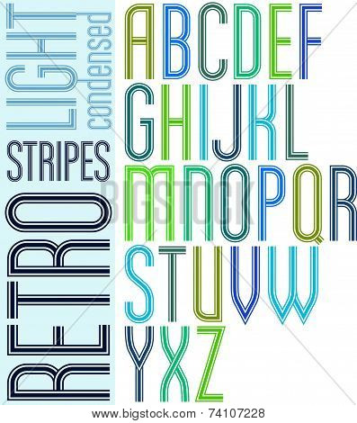 Poster retro light striped font, condensed uppercase letters on white background.