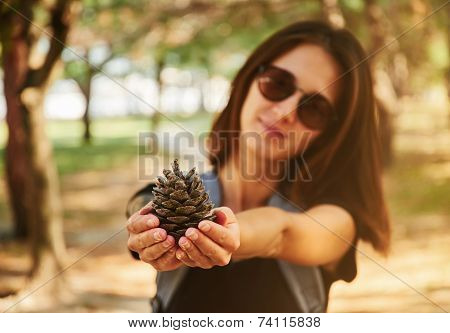 Woman Showing A Fir Cone