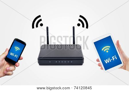 Wireless Router With Mobile Device Network Concept