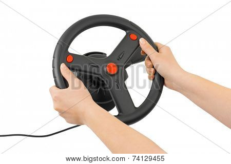 Computer steering wheel and hands isolated on white background