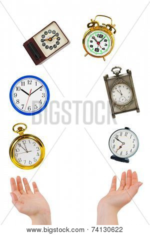 Juggling hands and clocks isolated on white background