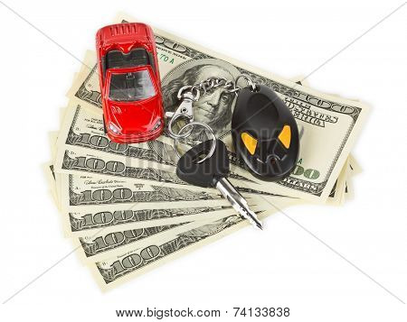 Toy car, keys and money isolated on white background