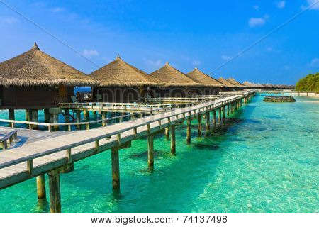 Water bungalows on a tropical island - travel background