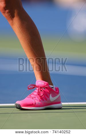 Two times Grand Slam champion Petra Kvitova wears custom Nike tennis shoes during match at US Open