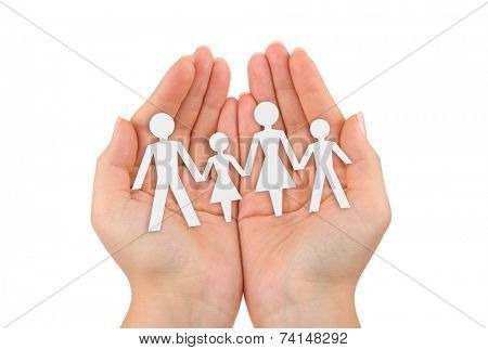 Paper family in hands isolated on white background