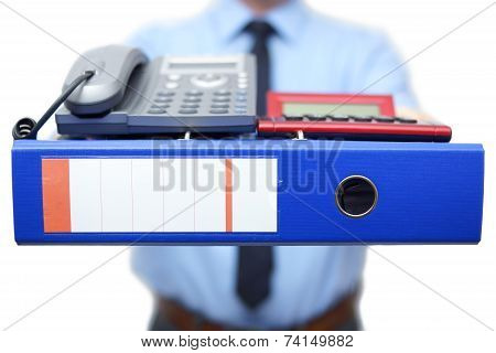 First Day In New Job. Manager Gives You A Lot Of Work And Accessories To Start