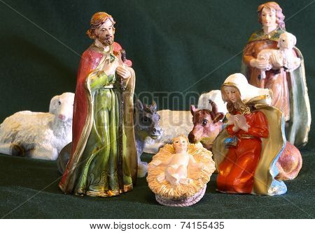 Mary And Joseph With The Child Jesus In The Manger With A Shepherd