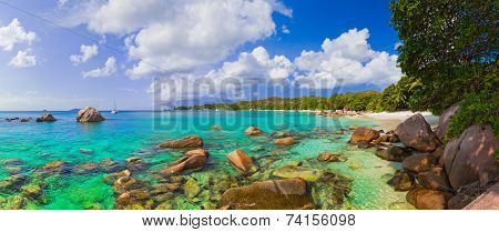Panorama of beach Anse Lazio at Seychelles - nature background