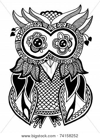 original artwork of owl, ink hand drawing in ethnic style