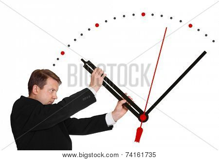 Business man stop time isolated on white background