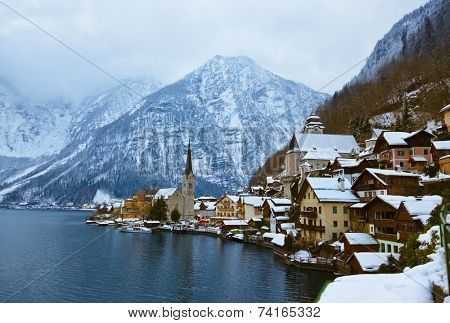 Village Hallstatt on the lake Hallstatter at winter - Salzburg Austria