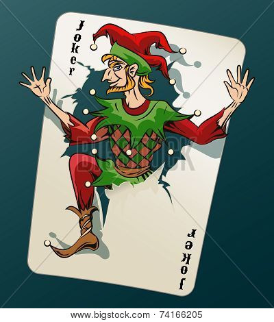 Cartooned Joker Jumping Out From Playing Card