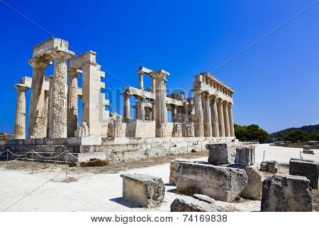 Ruins of temple on island Aegina, Greece - archaeology background