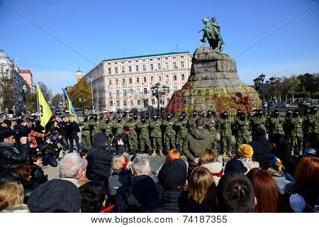 Kiev, Ukraine, October 19, 2014. Friends and relatives accompany the Battalion 