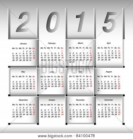 2015 Year Calendar. Week Starts With Monday.