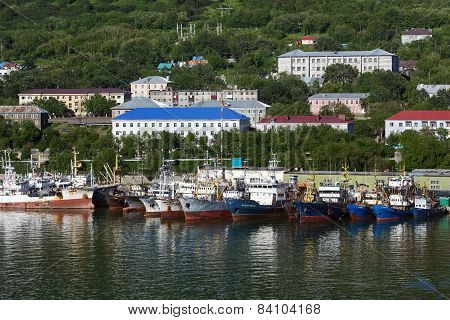 View of port Petropavlovsk-Kamchatsky and ships standing at the pier