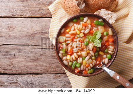 Minestrone Soup And Bread On The Table. Horizontal Top View