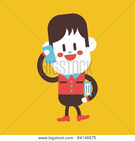 Character Illustration Design. Boy Using Cell Phone Cartoon,eps