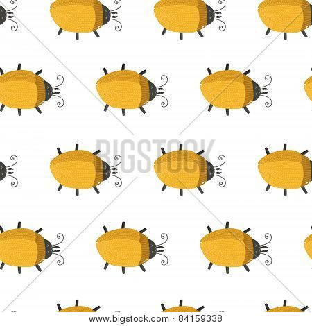 Vector seamless animals pattern with cute beetle on white background