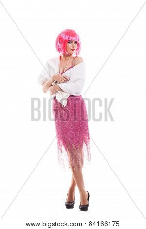 Pink hair girl dressed as Merelyn Monroe isolated on white background