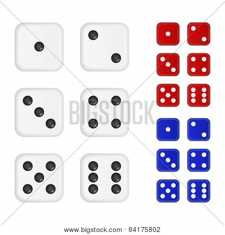 Set of dices in three colors - white, red, blue