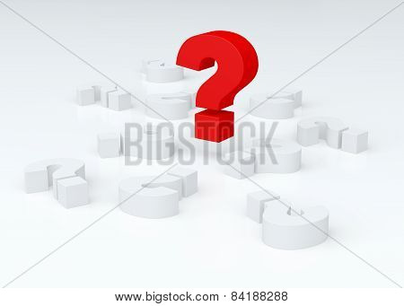 Big Red Question Mark Over Lying White Marks (3D Render)