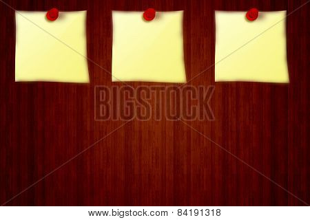 3 Yellow stickers on a wooden board background from notice