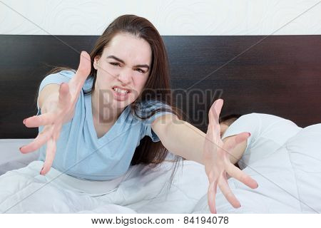 Dissatisfied Beautiful Young Woman In Bed Asking For Someone Else,