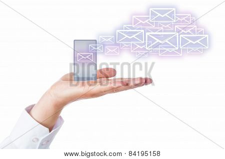 Emails Leaving Cell Phone In A Palm For The Cloud