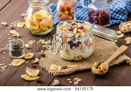 Homemade Yogurt With Granola, Dried Fruit And Nuts Bio