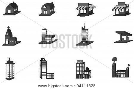 3D Silhouette House, Church, Shop, Building, And Other Public Construction Architecture Icon Set, Cr