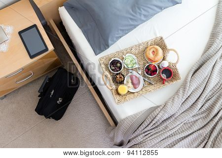 Business Travel Hotel Room With Breakfast In Bed
