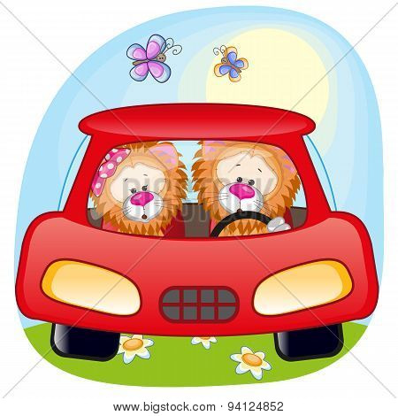 Two Lions In A Car