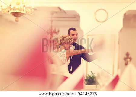 Bride And Groom Dancing In Empty Restaurant