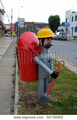 Metal guy with trashcan backpack