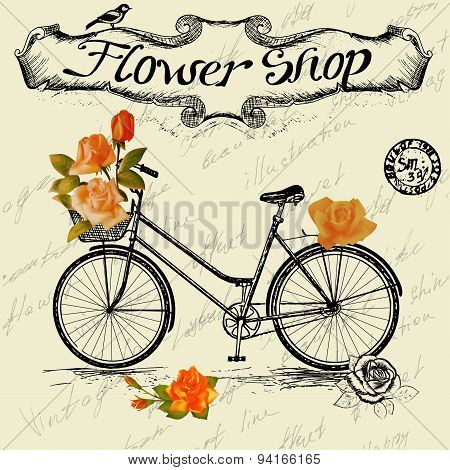 Vintage poster for flower shop design with bicycle.