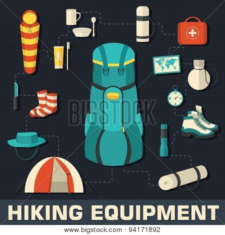 Flat Colorful Vector Tourist Equipment Infographic. Icons Backgr