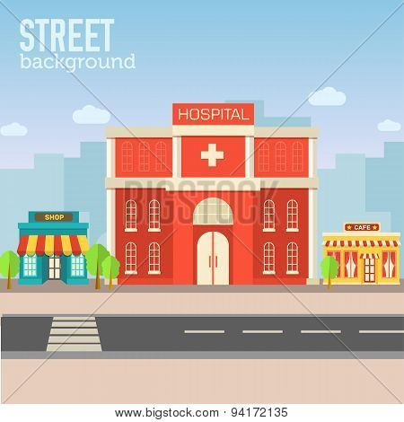 Hospital Building In City Space With Road On Flat Syle Backgroun