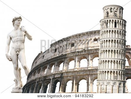 Leaning Tower of Pisa, Colosseum and Michelangelo's David. Isolated over white