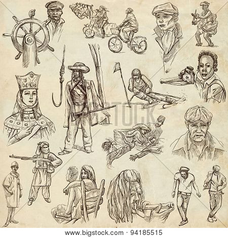People, Natives. An Hand Drawn Pack On Paper