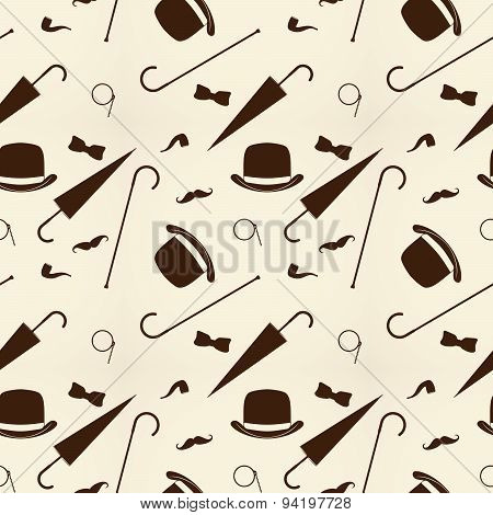Retro Gentleman Elements - Bowler, Moustache, Tobacco Pipe Monocle, Cane And Umbrella Seamless Patte